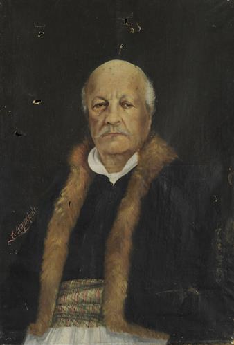 Προσωπογραφία του Ρήγα Παλαμήδη, ελαιογραφία σε μουσαμά του Ε. Αρμενόπουλου.