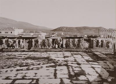 Theater of Dionysus in Athens. Reliefs depicting scenes from the life of Dionysus at the Bema of Phaedrus. Photograph by Romaidis brothers, c. 1890.