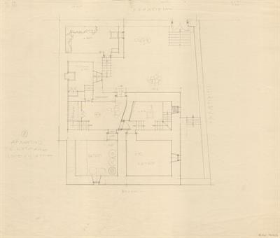 Τρίκερι Πηλίου, οικία Καπετάν Κουτμάνη. Αρχιτεκτονικό σχέδιο, κάτοψη ισογείου και αυλής, προσχέδιο, του Γιώργου Γιαννουλέλλη για τον Σύλλογο Ελληνική Λαϊκή Τέχνη, 1937