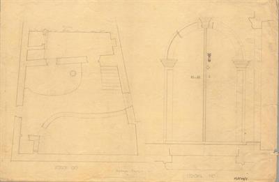 Ύδρα, αταύτιστη οικία. Αρχιτεκτονικό σχέδιο, κάτοψη και εξωτερική όψη εξώπορτας, προσχέδιο, του Δημητριου Θυμόπουλου για τον Σύλλογο Ελληνική Λαϊκή Τέχνη, 1938