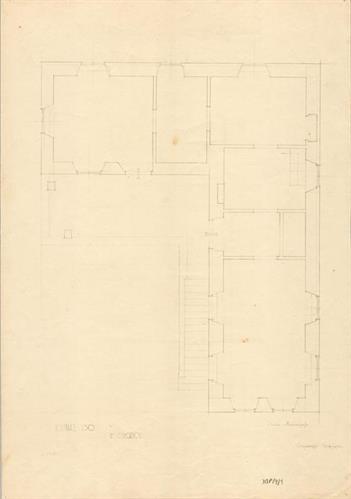 Ύδρα, Οικία Μονοχάρτζη. Αρχιτεκτονικό σχέδιο, κάτοψη Α&#039; ορόφου, προσχέδιο, του Δημητριου Θυμόπουλου για τον Σύλλογο Ελληνική Λαϊκή Τέχνη, 1938