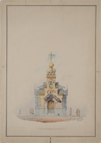Σχέδιο ναού Ρωσικού ρυθμού. Αρχιτεκτονικό σχέδιο, δυτική όψη. 1900.