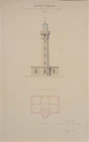 Lighthouse of Gytheion. Architectural drawing, elevation and plan, by Lieutenant I. Markopoulos, 17/1/1869.