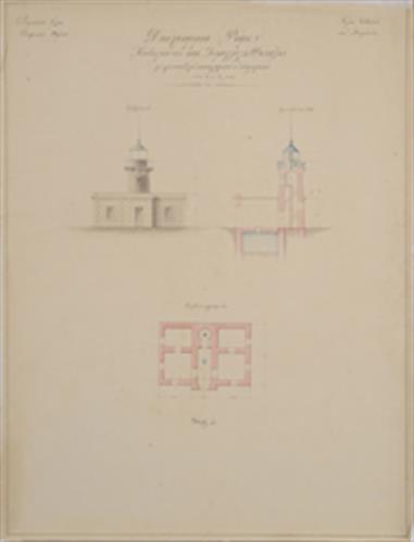 Lighthouse of Euboia and Atalante. Architectural drawing, elevation, section and plan.