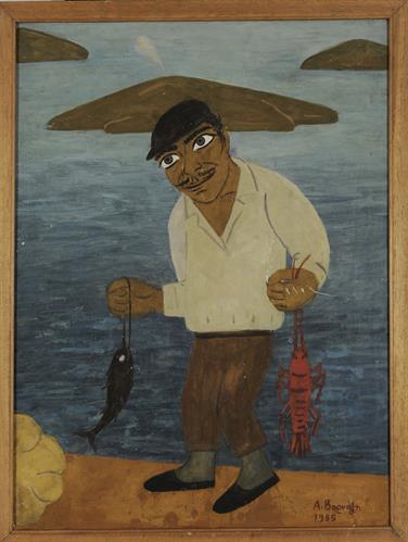 Fisherman. Tempera painting on wood, by Ariadne Vornozi, 1985.