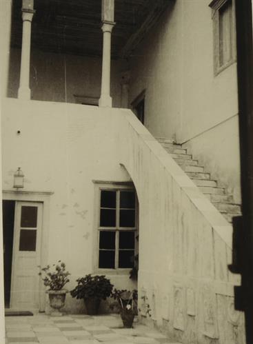 Hydra Island. Partial view of the façade and the staircase of Lazaros Koundouriotis Historic Residence. Photographic copy, 1956-1957.