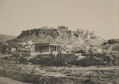View of the northwest side of the Acropolis of Athens, the Temple of Hephaestus and part of the Plaka neighbourhood, seen from the Hill of the Nymphs. Photograph, c. 1890.