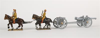 Coloured model made of lead, representing a four horses coach drawing a cannon. It is led by two soldiers of the greek horse artilery during the Balkan Wars 1912-1913