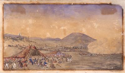 &quot;Eine fiktive Schlacht auf dem Gymnasienplatz in Larisa&quot;. Επίδειξη στρατιωτικών γυμνασίων στη Λάρισα από τουρκικά στρατιωτικά σώματα προς τιμήν διπλωματικής αποστολής του Ελληνικού Βασιλείου. Υδατογραφία σε χαρτί του Ludwig Köllnberger, 1834 (αντίγραφο).