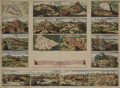 &quot;D &#039;VOORNAAMSTE FORTRESSEN van MORAEA / S. MAURA. CASTEL TORNESE. MISITRA. ATHENE. LEPANTO. CORINTO. ZARNATA. MEGARA. PATRASSO. FORTERESSE DE ZANTE. FORTERESSE DE CERIGO. NAPOLI DI ROMANIA. CEFALONIA&quot;. Views of city-fortresses of the Peloponnese: Lefkas (