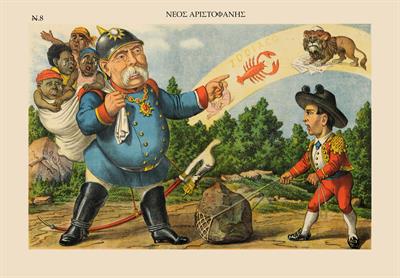 Bismarck proclaims the domination of Germany in the Carolinas islands despite the opposition of Spain. Chromolithograph from the political satire newspaper &quot;Neos Aristophanes&quot; of Panagiotis Pigadiotis. Athens, January 8, 1886, edition no.8.
