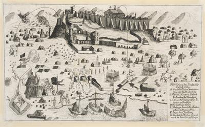 &quot;Abbildung des Stadt und Castell Athen&quot;. View of the city of Athens during the siege by the Venetian Morosini. Black and white copper engraving.