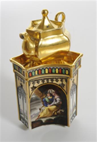 Teapot (tisaniere) with illustrations of a mother with a child, a couple in a cave and a couple of Greeks in a farewell scene. 19th century.