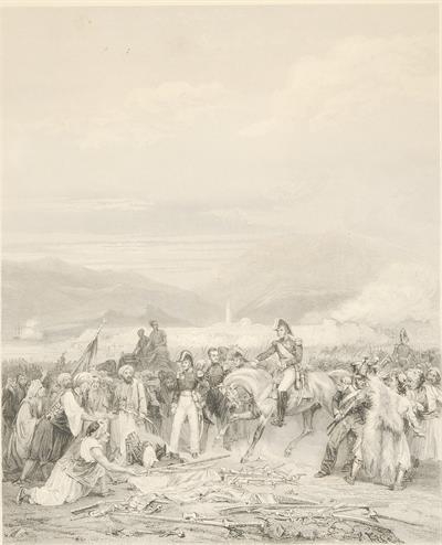 Η κατάληψη της Κορώνης (30 Αυγούστου 1828 ) από το γαλλικό εκστρατευτικό σώμα υπό τις διαταγές του στρατηγού Maison, ο οποίος είχε αναλάβει την εκκένωση της Πελοποννήσου από τον τουρκο-αιγυπτιακό στρατό. Χαλκογραφία σε σχέδιο Massard και χάραξη Huot από π