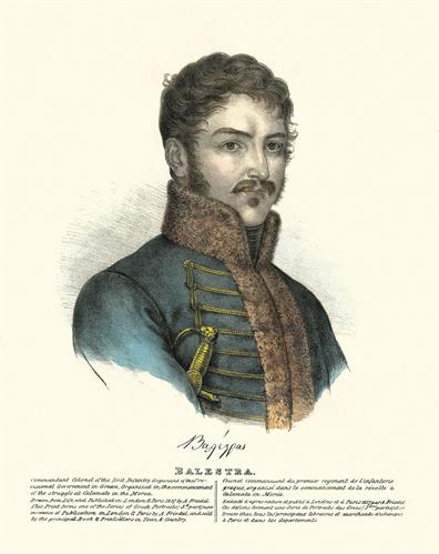 Joseph Balest, Colonel of the first infantry regiment of the Provisional Administration of Greece during the Greek War of Independence. Handpainted lithograph by Adam Friedel from the album &quot;The Greeks. Twenty four portraits of the principal leaders and p
