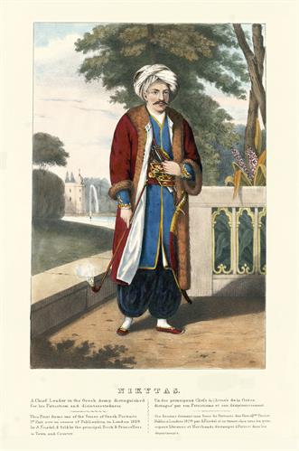 Nikitas Stamatelopoulos, known as Nikitaras, chief leader of the Greek forces during the Greek War of Independence. Handpainted lithograph by Adam Friedel from the album &quot;The Greeks. Twenty four portraits of the principal leaders and personages who have m