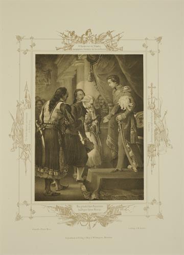 The ambassadors of Greece Andreas Miaoulis, Konstantinos Botsaris and Dimitrios Plapoutas offer &quot;allegiance and devotion&quot; to King Otto. Lithograph by Peter von Hess, Munich, 1852.