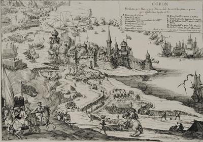 &quot;CORON&quot;. View of Koroni under siege during the sixth Venetian-Turkish War (1684- 1699). Black and white copper engraving, Arnoldo V. Westerhout, Rome.