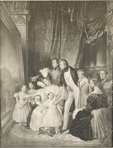 Ludwig I, King of Bavaria, with his family looking at the painting &quot;The arrival of King Otto in Nafplio&quot; by Peter von Hess. Lithograph from the painting by Dietrich Monten, student of Peter von Hess. Munich, 1835.