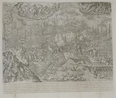 &quot;Insignis hoec estilla navalis pugna quae Non. Octobris MDLXXI ad Echinades in ionio...&quot;. Απεικόνιση  πολεμικής σύγκρουσης Βενετών και Οθωμανών Τούρκων κατά τη διάρκεια της ναυμαχίας της Ναυπάκτου στις 7 Οκτωβρίου 1571. Ασπρόμαυρη χαλκογραφία, Io. Bapta. 