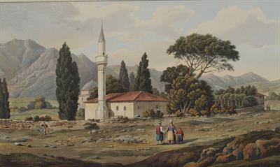 &quot;Sepulchre of Hassan Babba at the entrance of the vale of Tempe&quot;. The tomb of Hassan Baba at the entrance of the valley of Tempi at the homonymous khanqah operated by the philosophical Bektashi order of Dervishes. Aquatint from the album &quot;Views in Greece&quot;