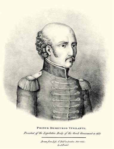 Demetrios Ypsilantis, president of &quot;Vouleftiko&quot; (Parliament) of the Provisional Administration of Greece during the Greek War of Independence. Lithograph by Adam Friedel from the album &quot;The Greeks. Twenty four portraits, (in four parts of six portraits ea
