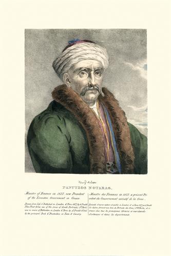 Panoutsos Notaras, Minister of Finance and President of the Executive Body of the Provisional Administration of Greece during the Greek War of Independence. Handpainted lithograph by Adam Friedel from the album &quot;The Greeks. Twenty four portraits of the pr