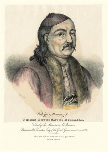 Petrobey Mavromichalis, President of the Executive Body of the Provisional Administration of Greece during the Greek War of Independence. Handpainted lithograph by Adam Friedel from the album &quot;The Greeks. Twenty four portraits of the principal leaders and
