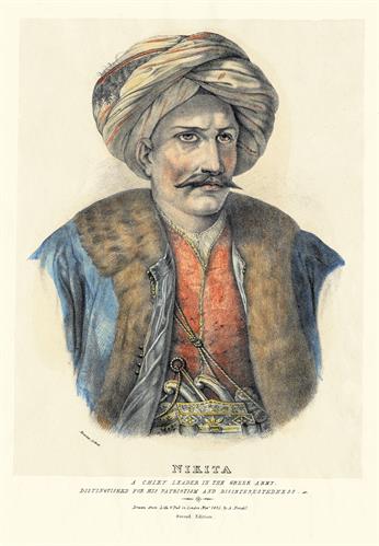 Nikitas Stamatelopoulos, known as Nikitaras, chief leader of the Greek forces during the Greek War of Independence. Handpainted lithograph by Adam Friedel from the album &quot;The Greeks. Twenty four portraits of the principal leaders and personages who have m