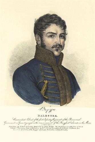 Joseph Balest, Colonel of the first infantry regiment of the Provisional Administration of Greece during the Greek War of Independence. Handpainted lithograph by Adam Friedel from the album &quot;The Greeks. Twenty four portraits, (in four parts of six portrai