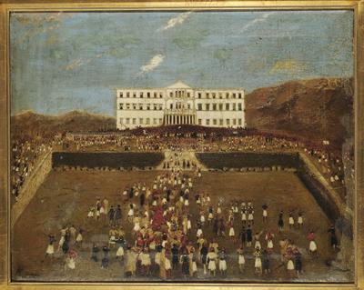 Revolution of September 3rd, 1843: The gathering at the Palace Square (after the revolution, the square was renamed as Constitution Square or Syntagma Square in Greek). Oil painting on canvas by F.C. Hackenwill.