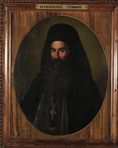 &quot;Archbishop Germanos&quot;, Portrait of Germanos III of Old Patras, oil painting on canvas by Dionysios Tsokos, 1862.