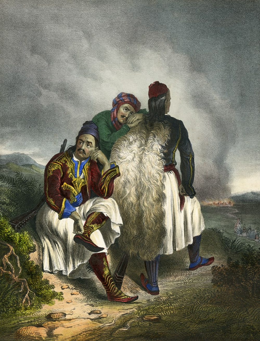 Grecs apres un Rever. Colour lithograph, after Henri Decaisne (1799-1852)