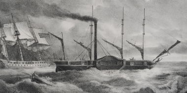 The frigate Hellas and Karteria (Perseverance), the first steam ship. Lithograph from the album of Karl Krazeisen, Bildnisse ausgezeichneter Griechen und Philhellenen, nebst einigen Ansichten und Trachten. Munich, 1831.